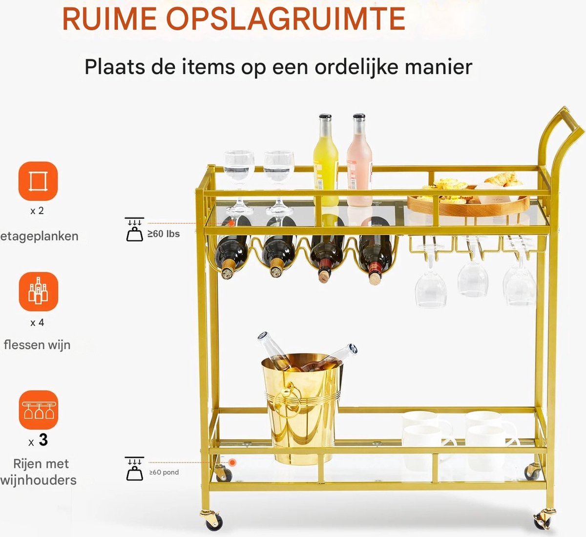 Serveer trolley - Serveerwagen - Trolley - 80 kg draagvermogen
