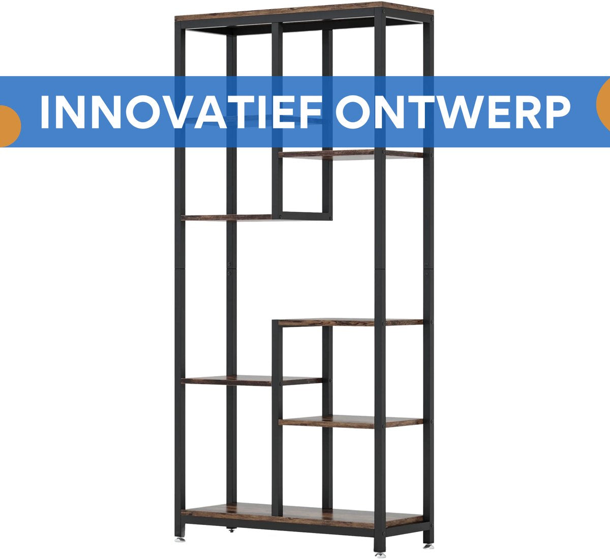 Boekenkast Quinoro - 8 Lagen - Boekenrek Opbergrek - Stellingkast Metaal - Geschikt voor Woonkamer, Kantoor of Slaapkamer - Bruin - 30 cm (D) × 100 cm (B) × 200 cm (H)