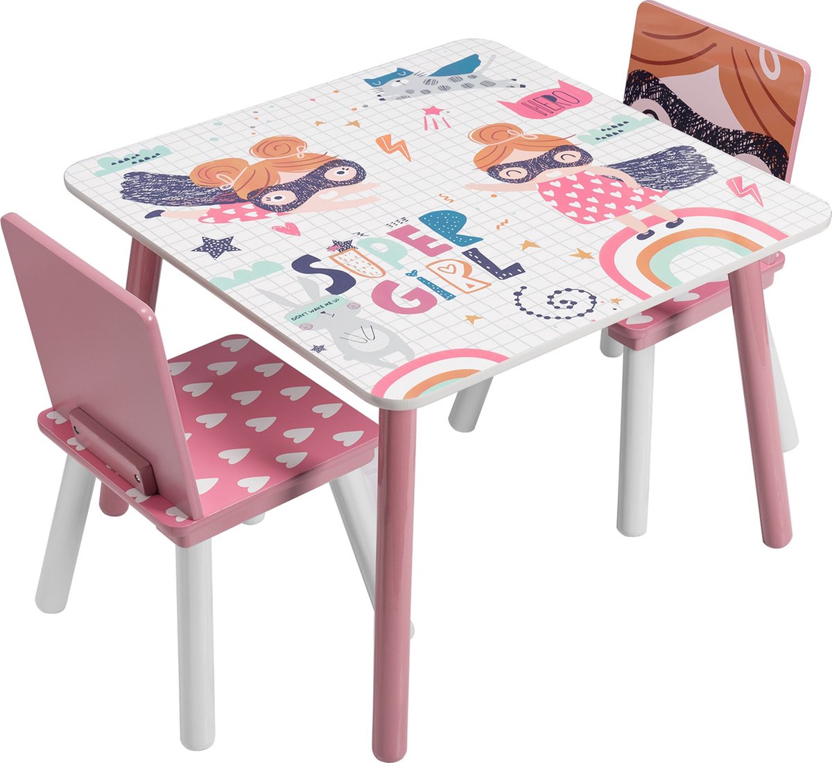 Happyment Kindertafel en 2 Stoeltjes - Kindermeubel - Speeltafel - kinderbureau - Roze