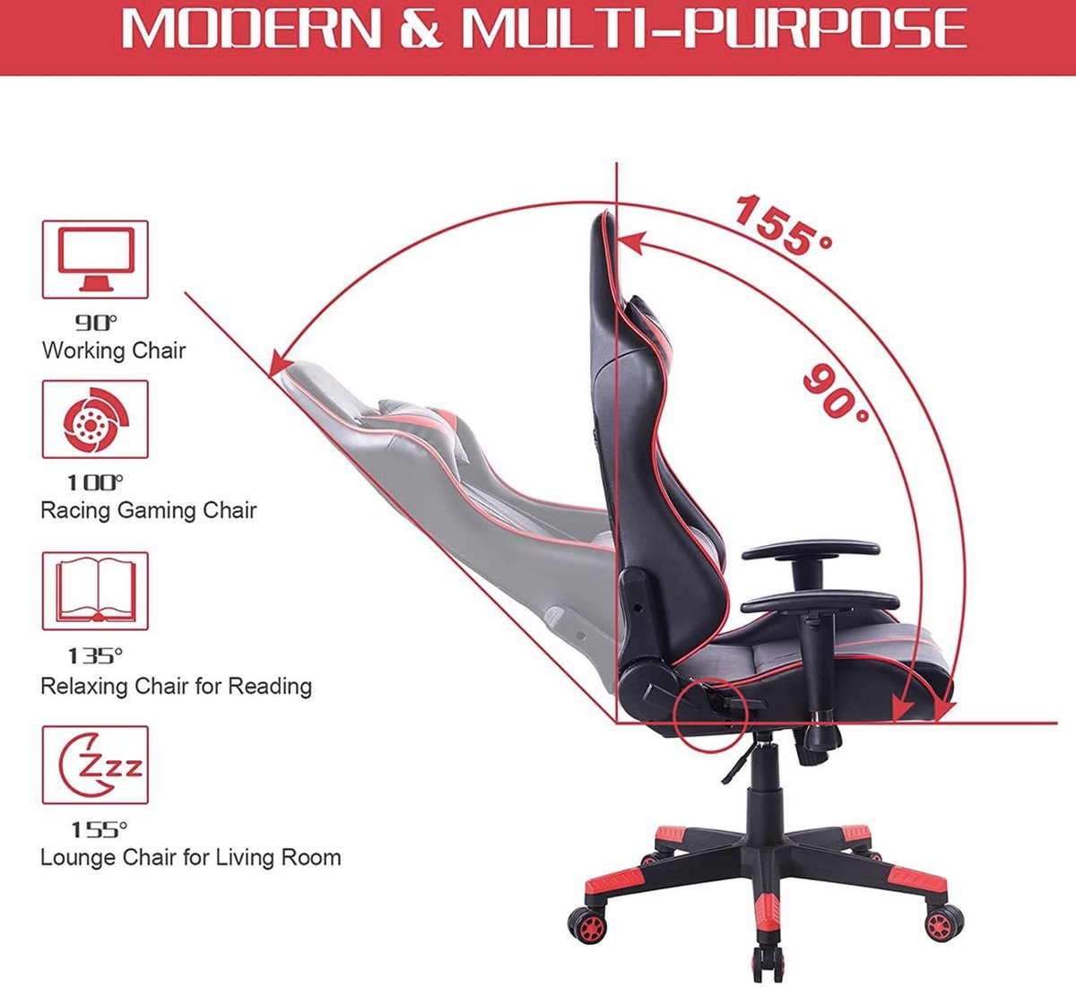 Happyment Gamestoel Derby - Kunstleer - Met rugleuning en armleuning - In hoogte verstelbaar - Ergonomisch - Rood/zwart