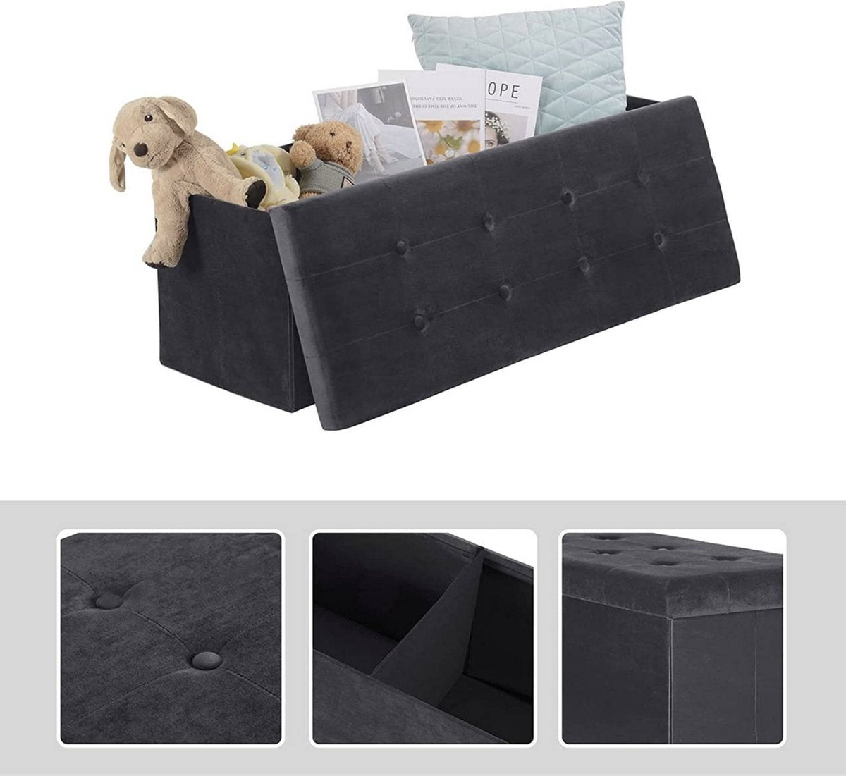 Luxe Opbergbank Delva - Met opbergruimte - Zitbank Poef - Voetenbank - Opbergbox hocker - Zitkist met deskel - Grijs - Velvet - 110x37.5x38cm