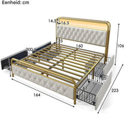 Bed - Tweepersoonsbedden - Tweepersoonsbed - Voor Slaapkamer - Met USB-C Oplaadfunctie, LED-verlichting & App-bediening - Metalen Bedframe met 4 Laden - Fluwelen Bekleding - 160x200cm