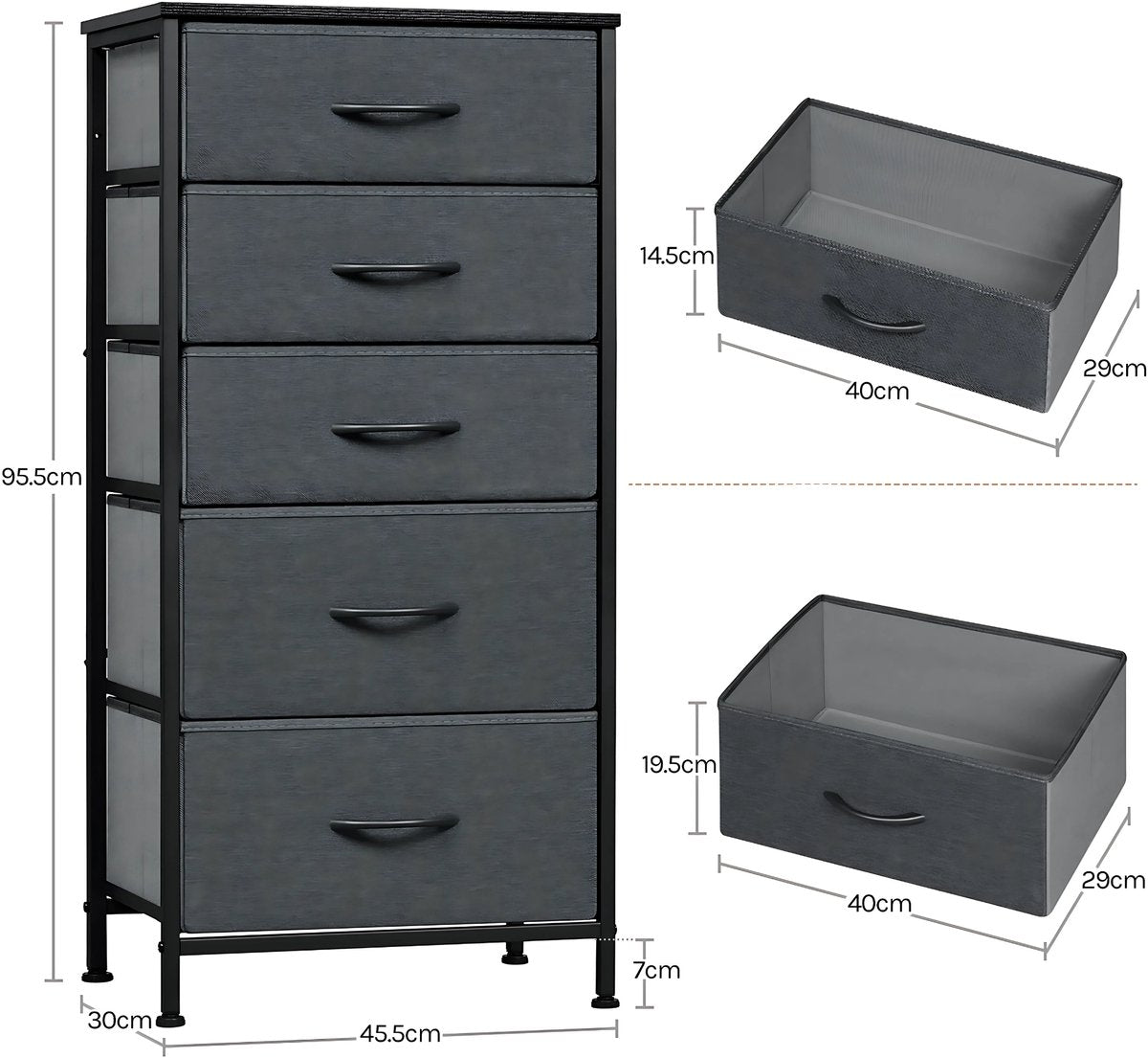 Ladekast met 5 Laden -Dressior - Kast - Voor Slaapkamer, Keuken, Kantoor of Woonkamer - Smal Dressoir met Stoffen Laden