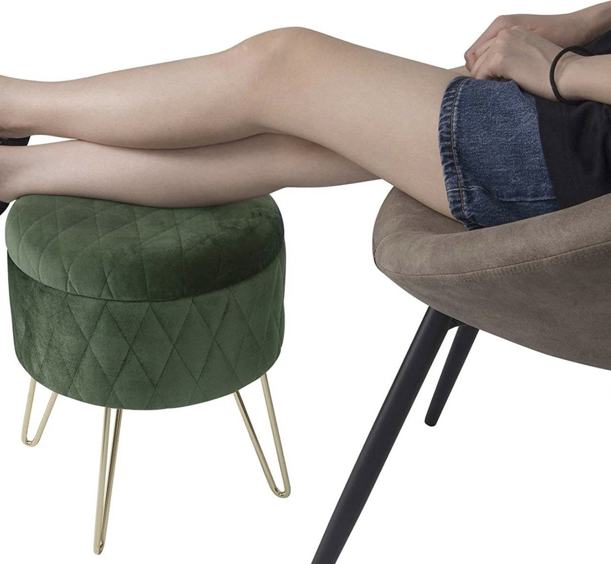 Happyment Poef deluxe - Met opbergruimte - Groen - Voetenbank met opbergruimte - Opbergbox hocker - Zitkist met deskel - Rond - Velvet - 31.5x31.5x36cm