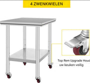 Keukentafel - RVS Werktafel Deluxe - Werkbank - Met 4 Wielen - 30x24 Inch - Voor Voorbereiding