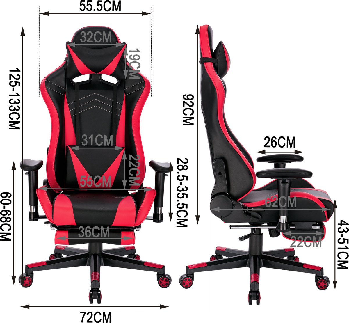 Luxe Gaming stoel - Rood - Met voetsteun - Gamestoel - Verstelbaar in hoogte - Chair - Ergonomische bureaustoel - Chair - Kunstleer