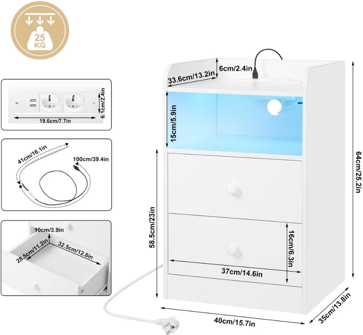 Nachtkast met RGB lichten - Wit - Slaapkamer - Met ingebouwde usb oplaadpoorten - Set van 2
