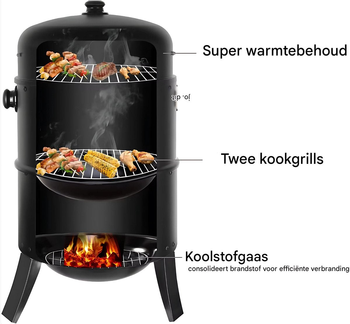 Houtskool grill - 3-in-1 - Ø45 cm - Houtskoolbarbecues - Briketten - Met deksel - Smoker