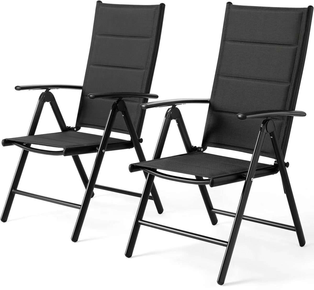 Tuinstoelen Tavien set van 2 - Inklapbaar - Lounge stoel - Rugleuning met 7 verstelbare instellingen, met armleuningen, weerbestendige buitenstoel aluminium structuur - Zwart