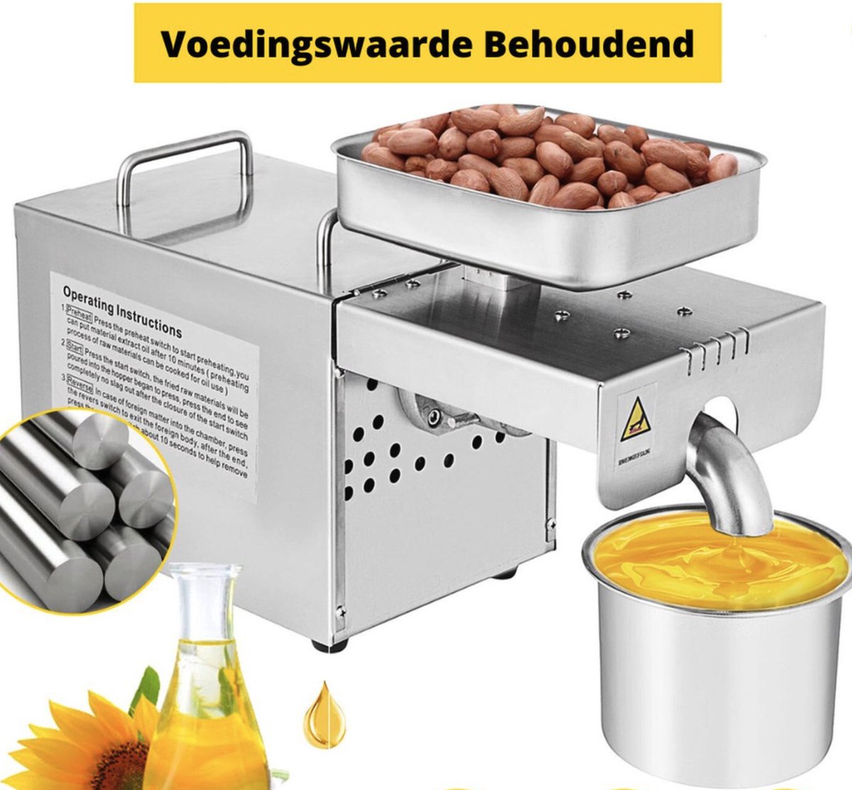 Happyment Oliepers Machine - Olie Persmachine - Zonnebloemolie - Amandelmolen - Notenpers - Notenmolen - Notenmaler - 460W
