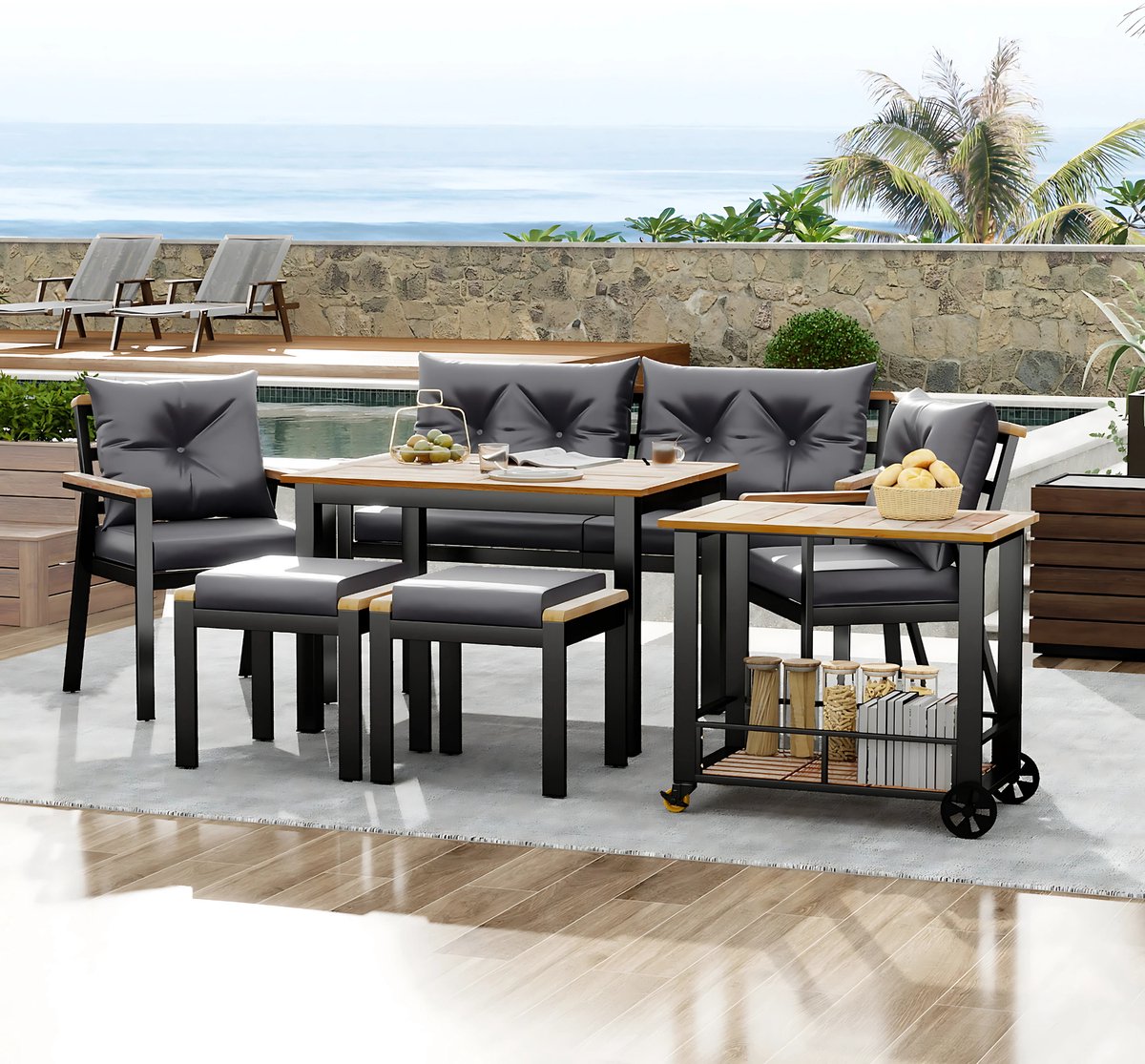 Eettafelset -Tuinmeubelset - Loungeset - Tuinlounge Lounge Set - Lounge Set - Voor Tuin of Terras - Tuinmeubelen voor 6-7 Personen met Fauteuils & Eetkar - Afneembare en Wasbare Hoezen
