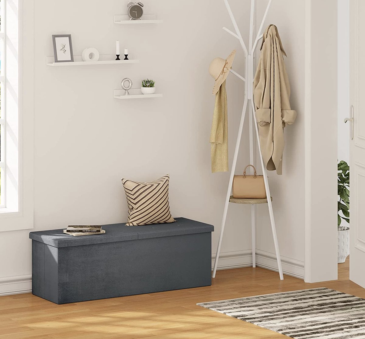 Happyment Opbergbank Judi - Met opbergruimte - Zitbank Poef - Voetenbank - Opbergbox hocker - Zitkist met deskel - Donkergrijs - Velvet - 110x38x38 cm