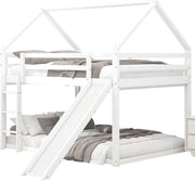 Stapelbed voor kinderen - Met glijbaan - 140x200 cm - 2 kinderbedden - Hoogslaper - Met Hoektrap, valbeveiliging en raam - Peuterbed