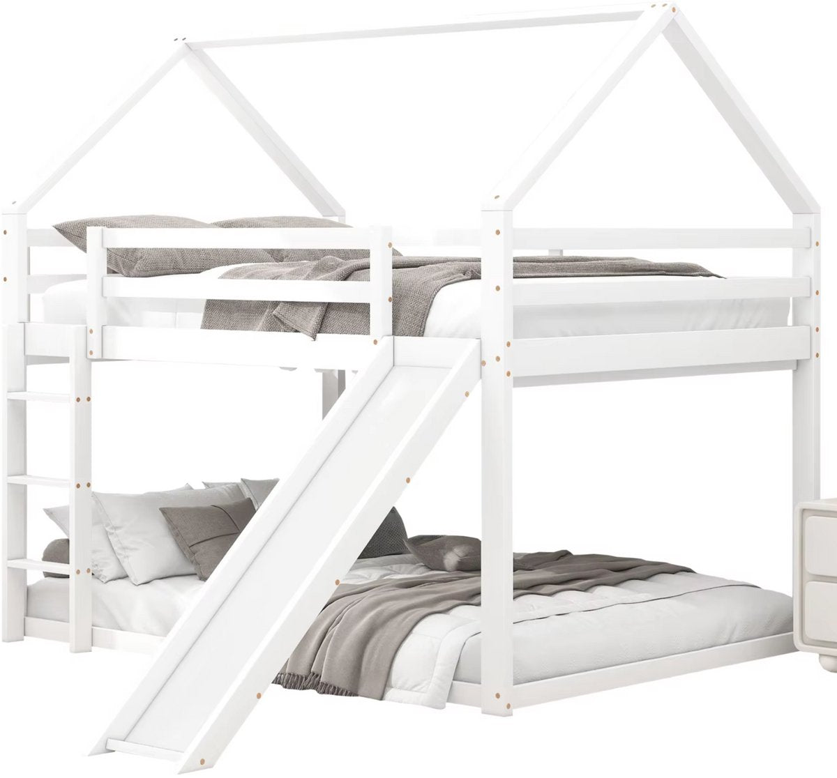 Stapelbed voor kinderen - Met glijbaan - 140x200 cm - 2 kinderbedden - Hoogslaper - Met Hoektrap, valbeveiliging en raam - Peuterbed