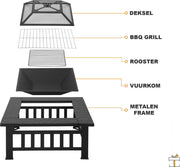 Happyment® Vuurkorf voor buiten - Vuurpit deluxe - BBQ - Met Vonkenscherm - Metaal - 81x81x32,5cm