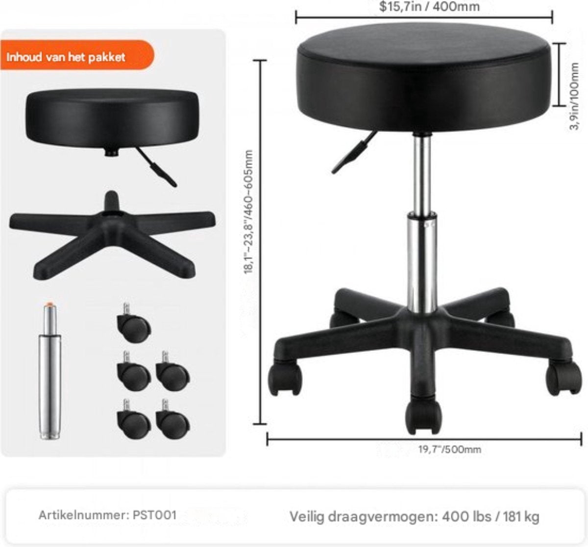 Happyment Ronde Werkkruk - In hoogte verstelbaar - Ergonomisch - Zwart - 181KG Draagvermogen