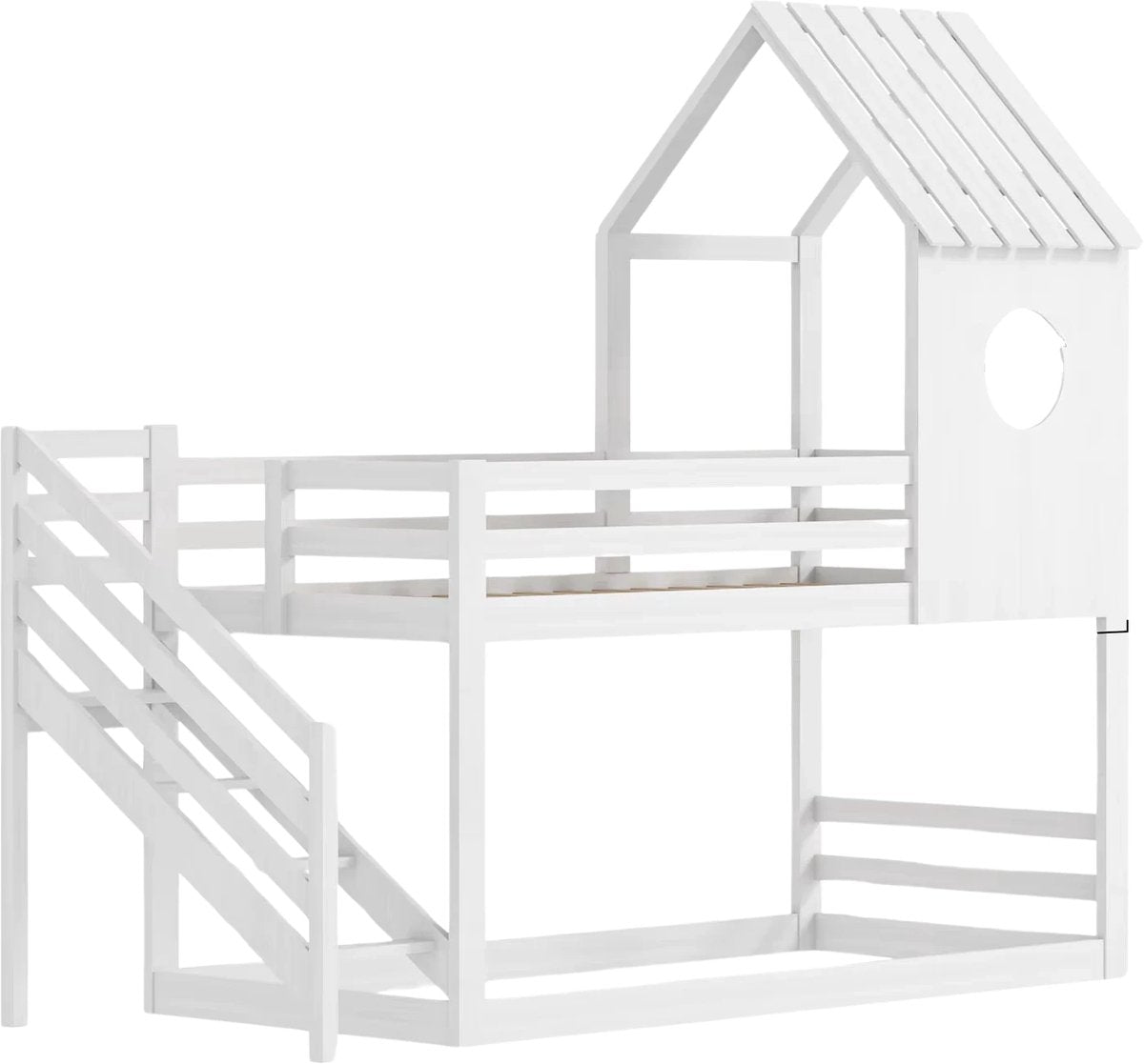 Stapelbed 200 x 90 cm - Voor Kinderen - 2 kinderbedden - Hoogslaper - Met Hoektrap, valbeveiliging en raam - Peuterbed