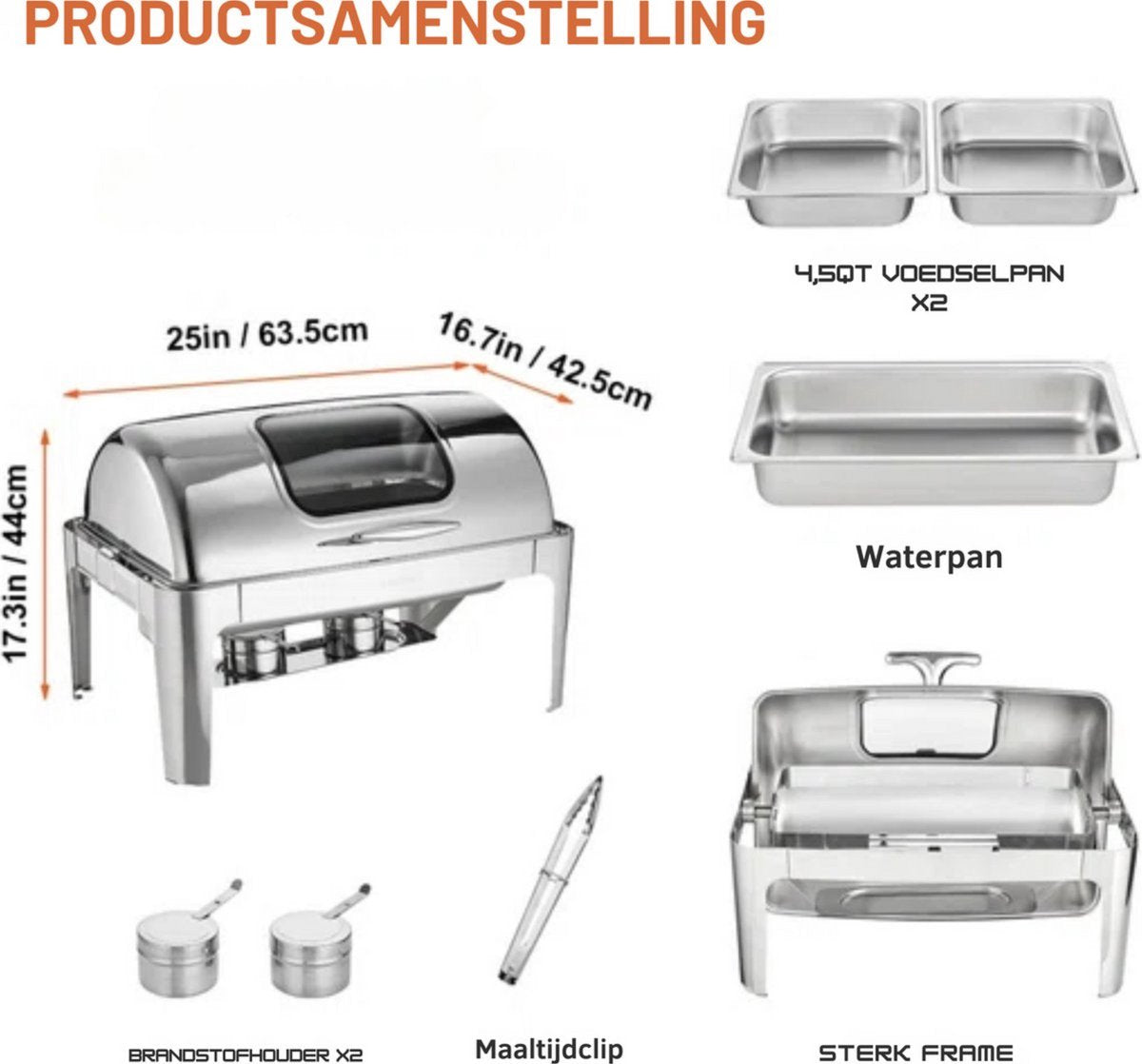 Buffetwarmer XL - Kijkglas - RVS - Warmhoudplaat - Voedselverwarmer met deksel - Chafing dish - Warmhoudbakken - 10L