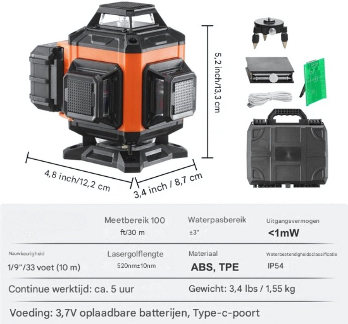 Kruislijnlaser met statief - 30m Zelfnivellerende Laserwaterpas - Bouwlaser - Waterdicht