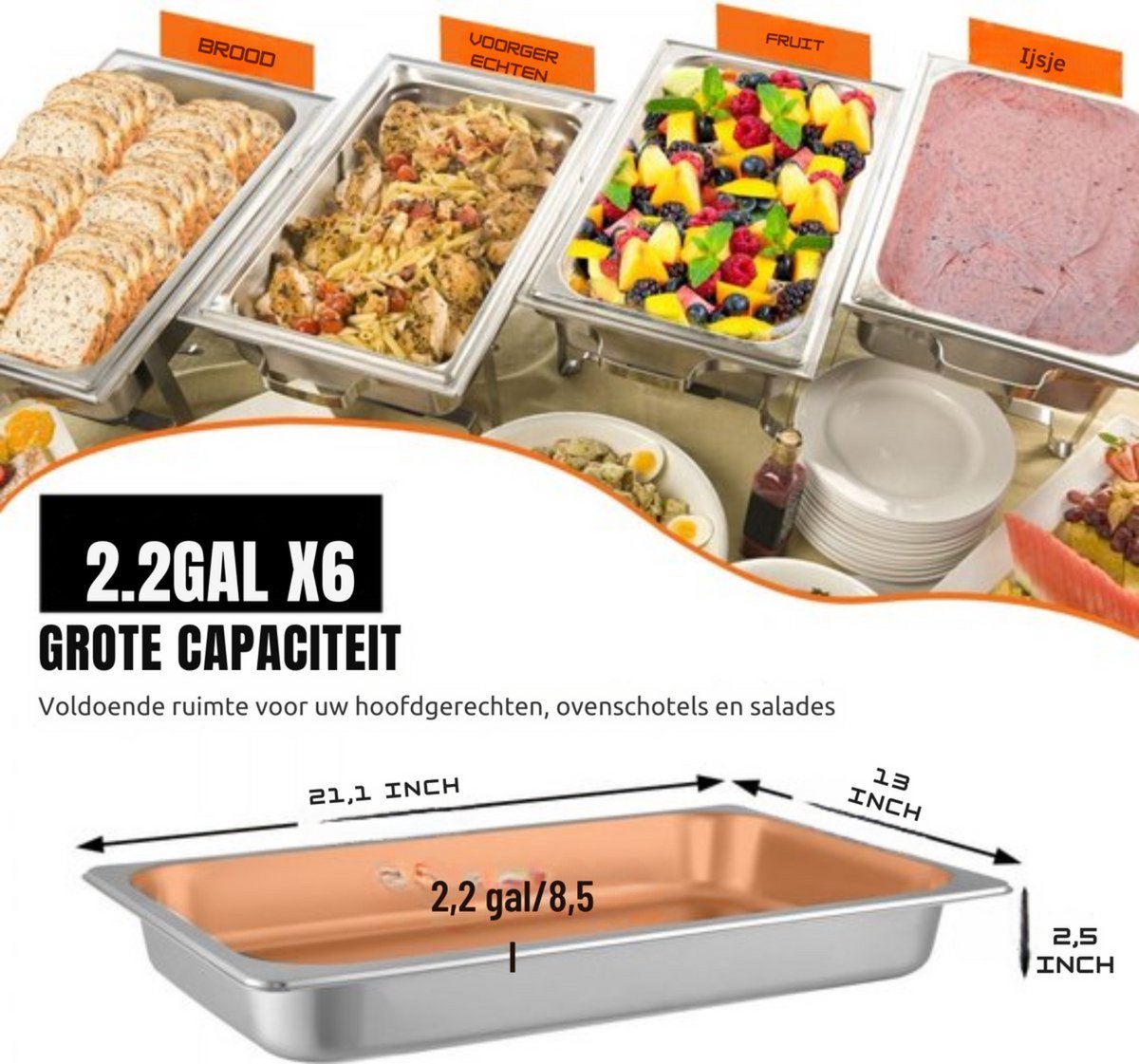 Gastronorm Bak - 6x RVS Bakken - Chafing dish - Gn bak - 8,5L Inhoud - 65mm Diep voor Catering
