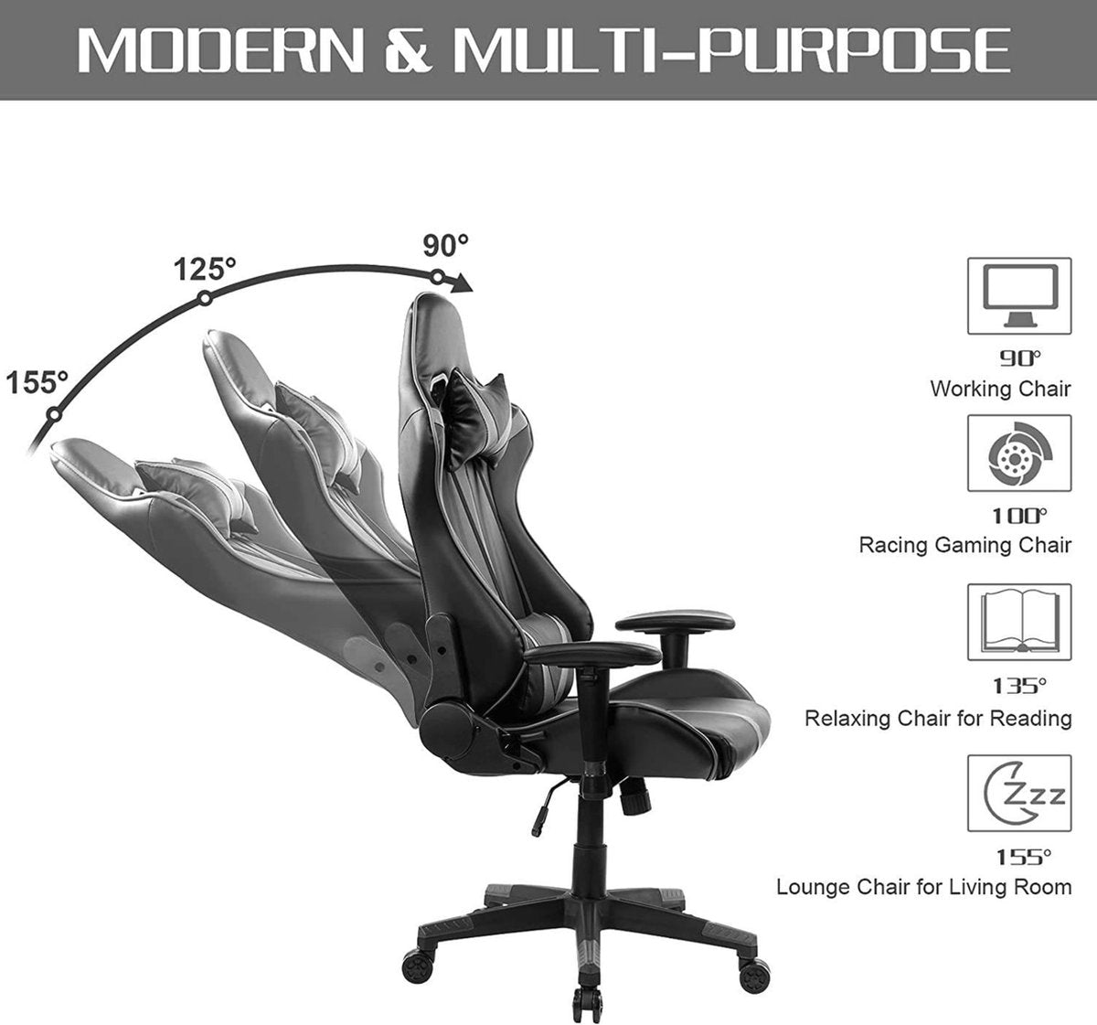 Happyment Gamestoel Bristol - Kunstleer - Met rugleuning en armleuning - In hoogte verstelbaar - Ergonomisch - Grijs/zwart