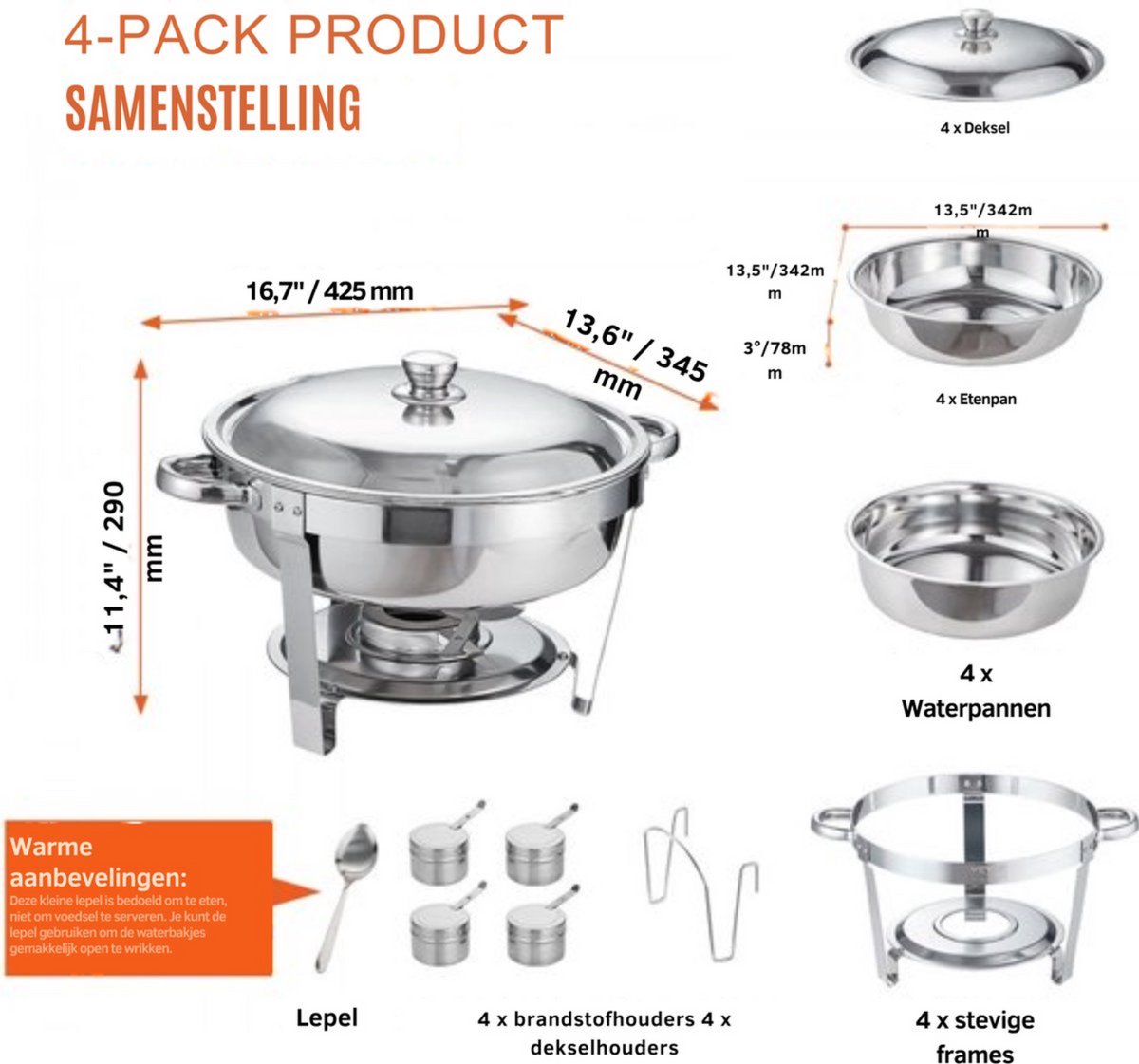 Buffetwarmer - Warmhoudplaat elektrisch - Voedselverwarmer - Chafing dish - Warmhoudbakken - RVS Set - 5,38L - 4-delig Ronde Container