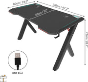 Happyment Gaming bureau Deluxe - Met RGB led verlichting - Gaming desk tafel - Headset en drinkbeker houder - Zwart - 120cm