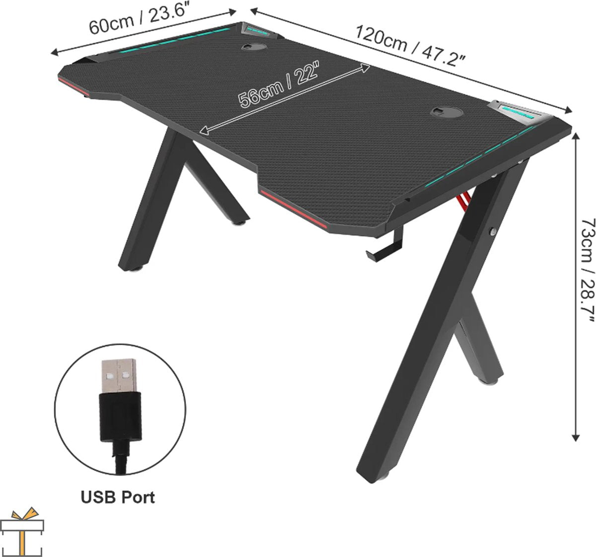 Happyment Gaming bureau Deluxe - Met RGB led verlichting - Gaming desk tafel - Headset en drinkbeker houder - Zwart - 120cm