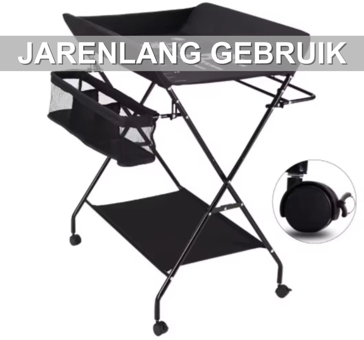 Babyverschoontafel – Verzorgingstafel - Opvouwbaar voor kinderkamer – Stabiel en veilig met opbergruimte – Max. draagvermogen 15 kg – Zwart - Met wielen