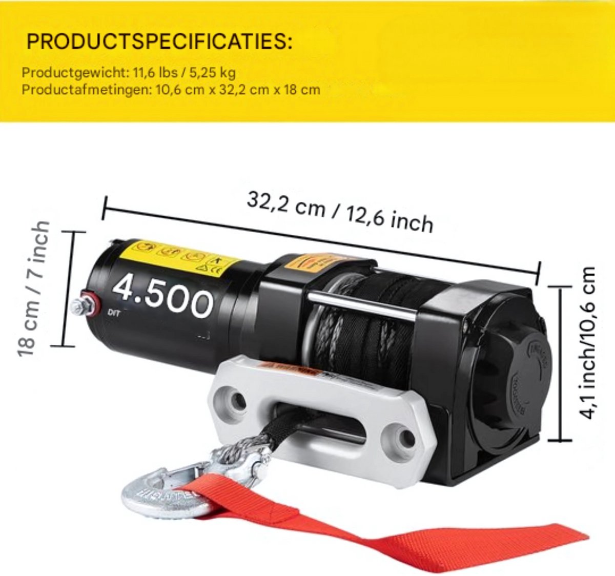 Elektrische Lier PRO - Takel - Hijskraan - 2040kg Power Winch - 12V DC Truck Lier - Synthetisch Touw 12,5M - Draadloze Afstandsbediening - Kabeltakel