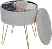 Luxe Poef Zaza - Met opbergruimte - Rond - Voetenbank met opbergruimte - Opbergbox hocker - Zitkist met deskel - Lichtgrijs - Teddy - 39x39x44 cm
