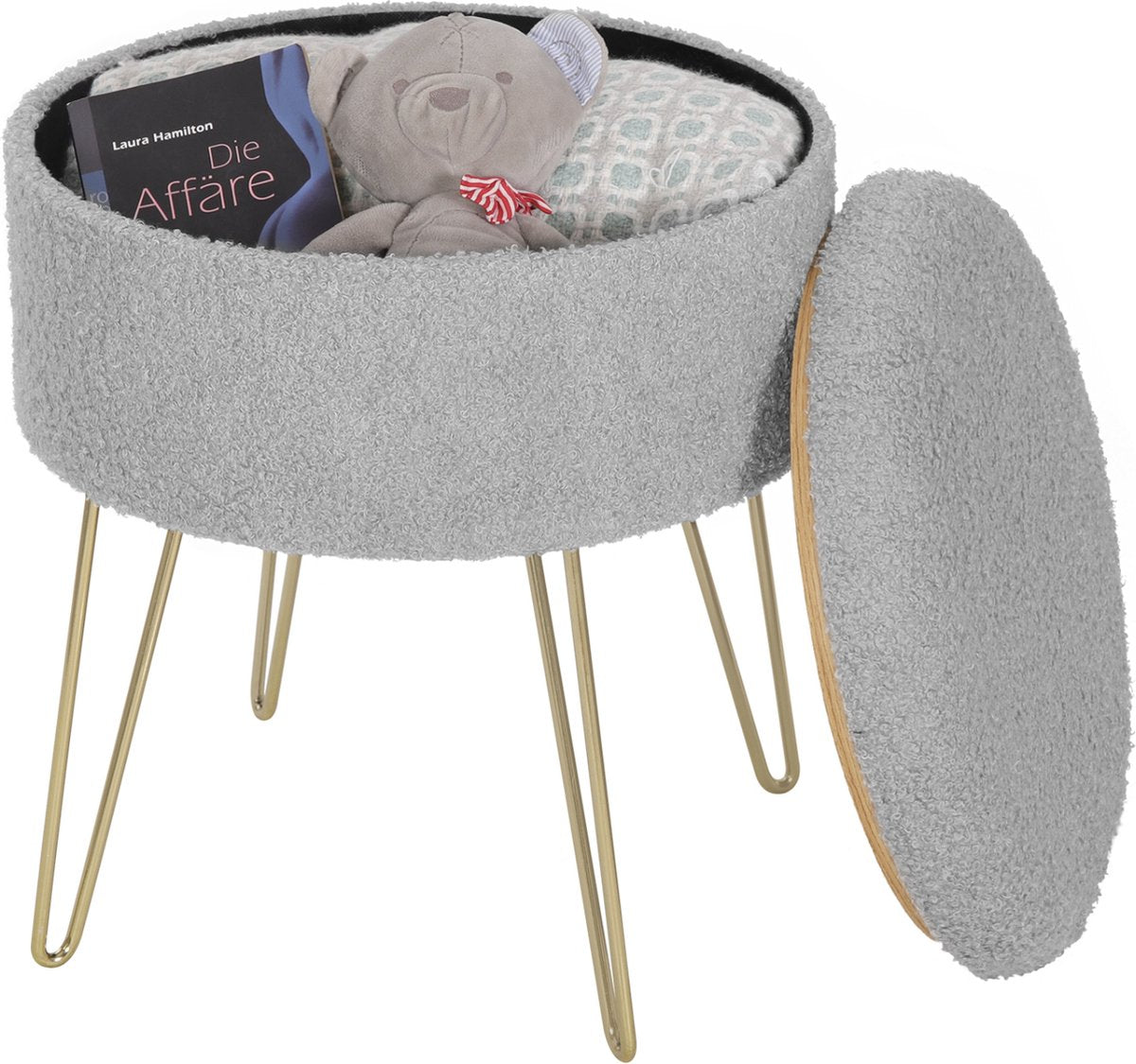 Luxe Poef Zaza - Met opbergruimte - Rond - Voetenbank met opbergruimte - Opbergbox hocker - Zitkist met deskel - Lichtgrijs - Teddy - 39x39x44 cm