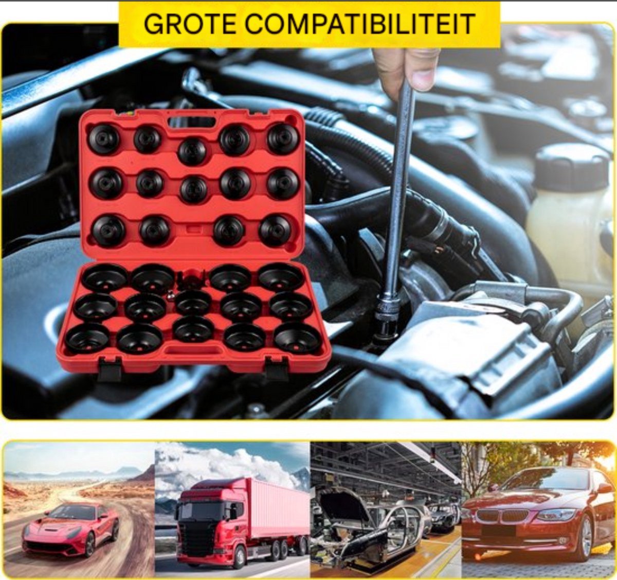 Oliefilter sleutel doppenset - 30-delige set Oliefilterdopsleutelset - Eind kappen - Met 3/8" en 1/2" Aansluiting - Zwart