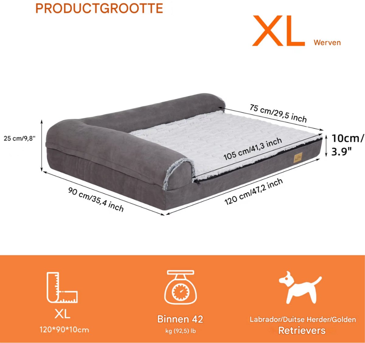 Hondenbed Noire - 120cm - L-vormig - Hondenbank - Hondensofa op poten - Hondenzetel - Comfort en zacht - Afneembaar kussen - Zacht