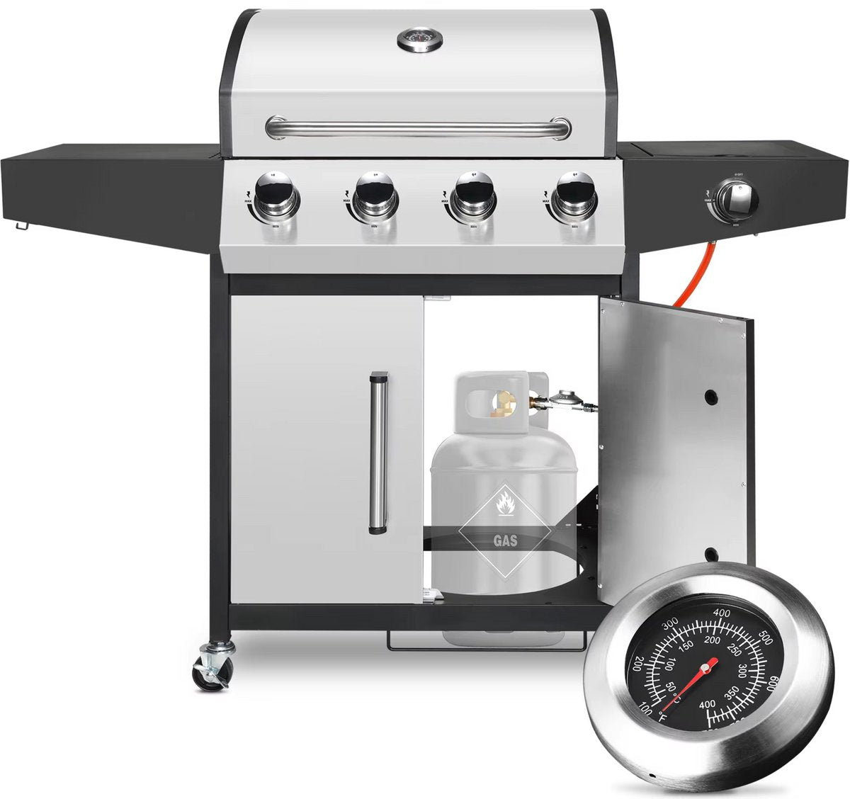 BBQ 5 in 1 - Barbecue op gas - Zilver - Thermostaat - Olievanger accessoires - Gasgrill met zijbrander