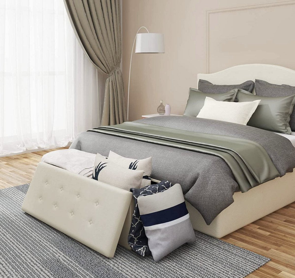 Luxe Opbergbank Nuni - Met opbergruimte - Zitbank Poef - Voetenbank - Opbergbox hocker - Zitkist met deskel - Creme - Velvet - 110x37.5x38cm
