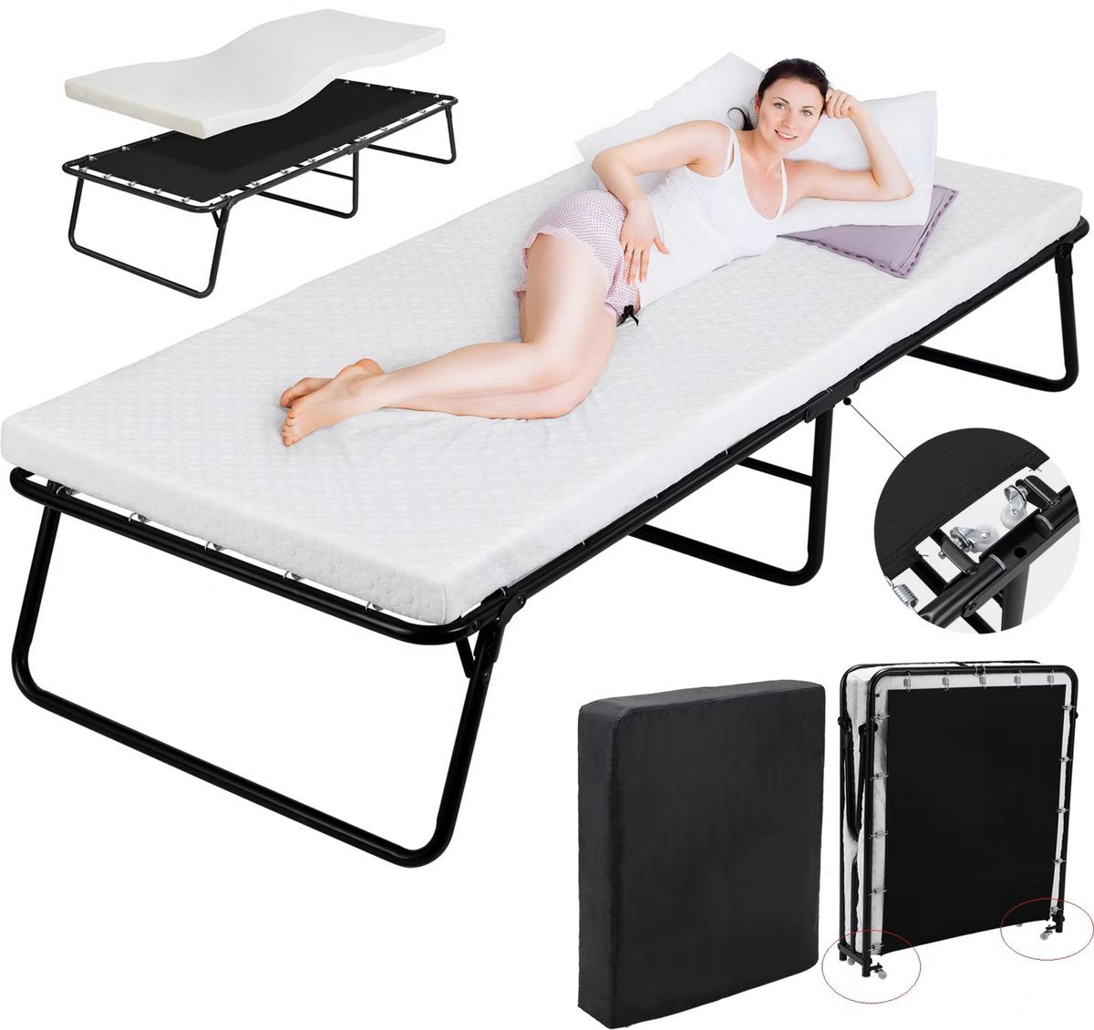 Opklapbed Zyrell op wieltjes - Met matras - 80x190cm - Logeerbed - Vouwbed 1 persoons - Inklarbaar - voor Volwassenen