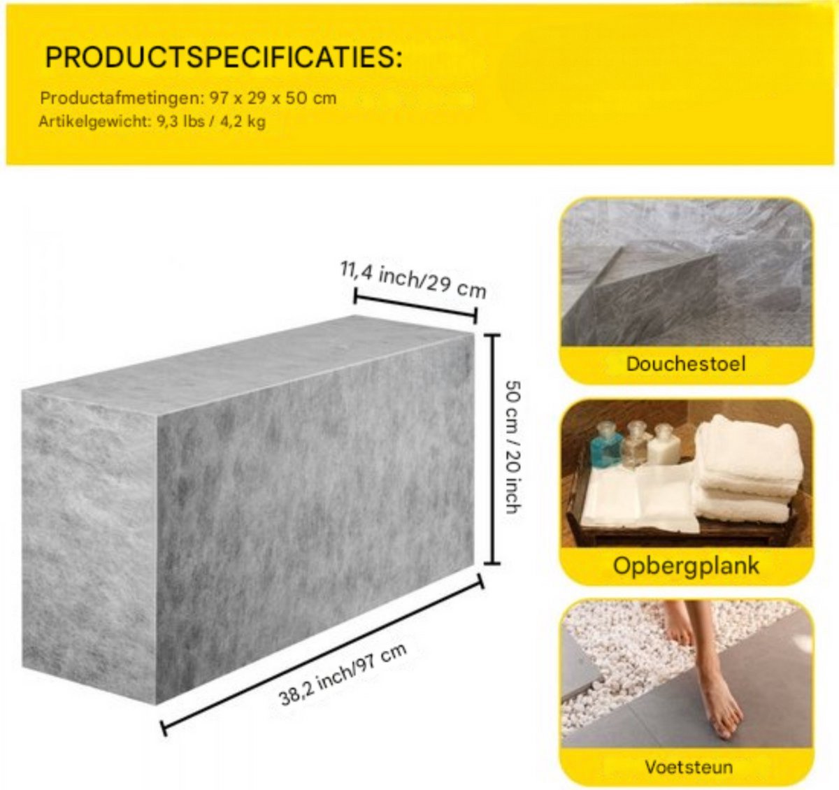 Betegelbare badkamer bank - Inbouw bank - Douche kruk - Doucheruimte - 97x29x50 cm - EPS Composiet