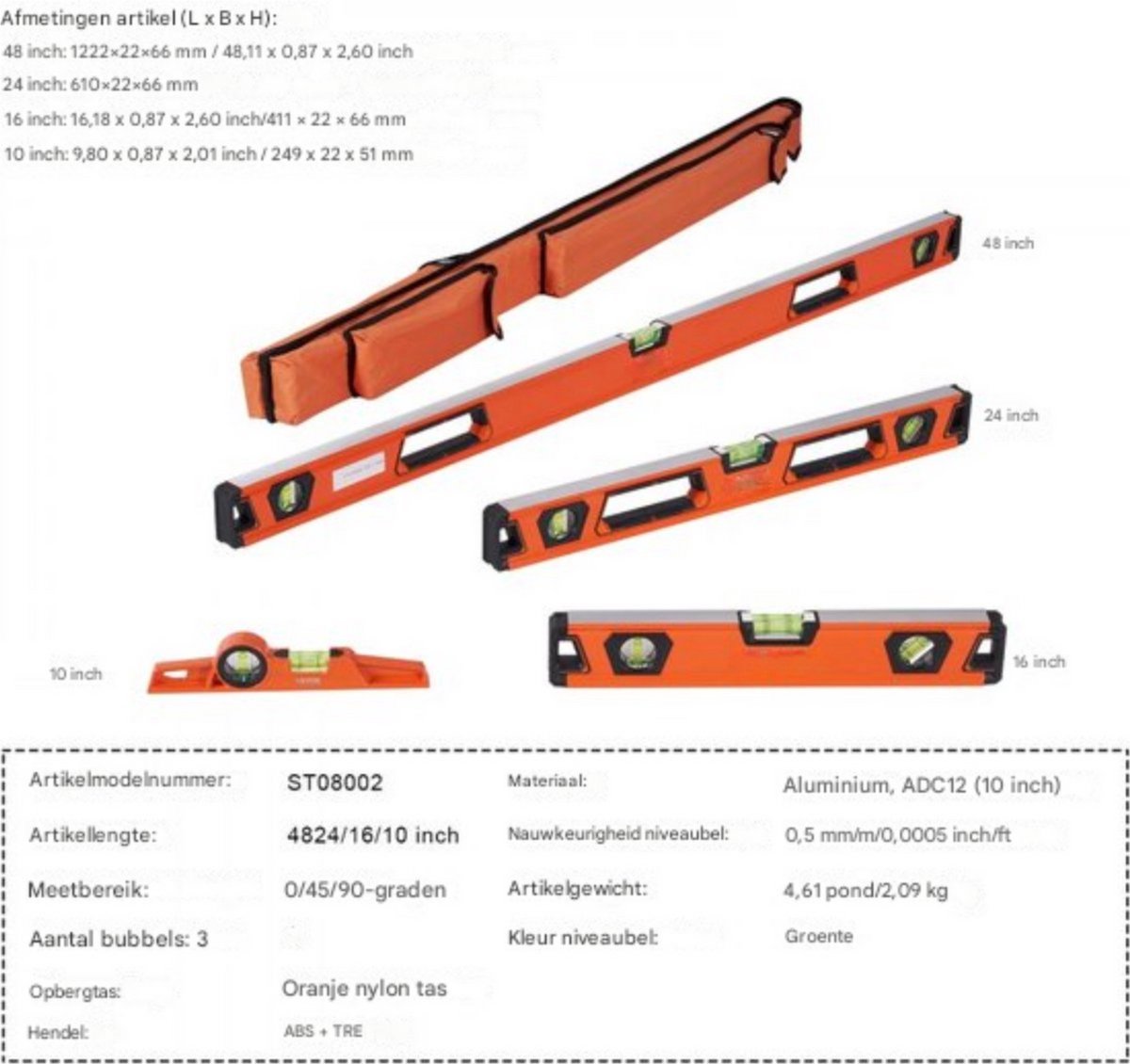 Waterpas 3 stuks - aluminium en magnetische waterpas - 3 libellen 45 graden hoek - horizontaal en verticaal 0,5 mm/m