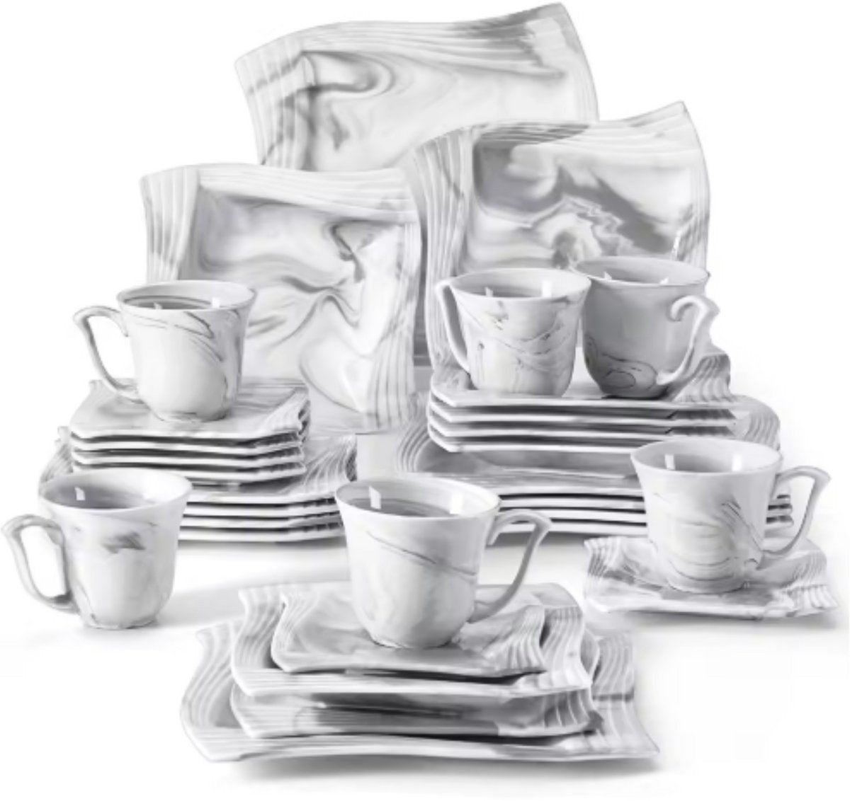 Ornate Bordenset – 6 persoons – 30 delig – Marmerlook Keramisch – Dinerborden – Ontbijtborden