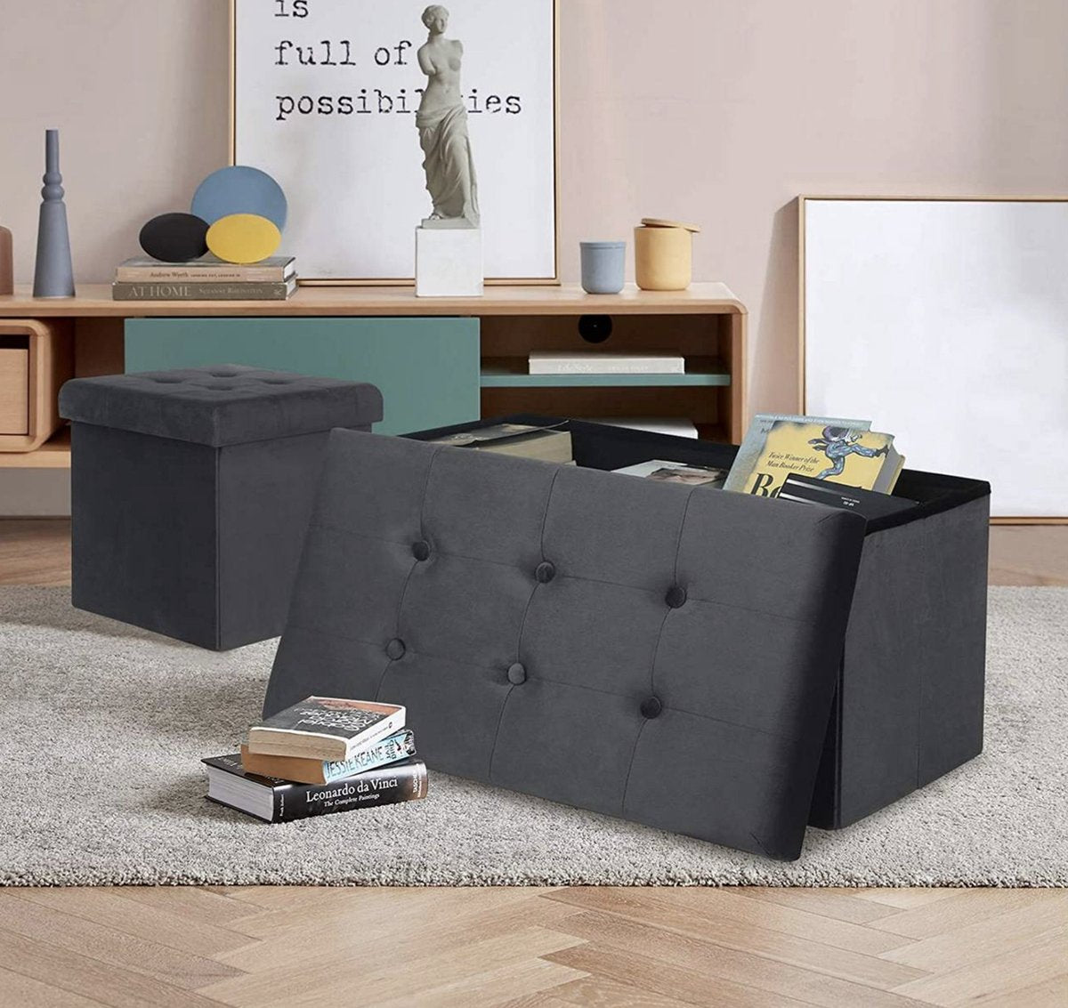 Moderne Opbergbank Hubertus - Met opbergruimte - Zitbank Poef - Voetenbank - Opbergbox hocker - Zitkist met deskel - Grijs - Velvet - 76x38x38 cm