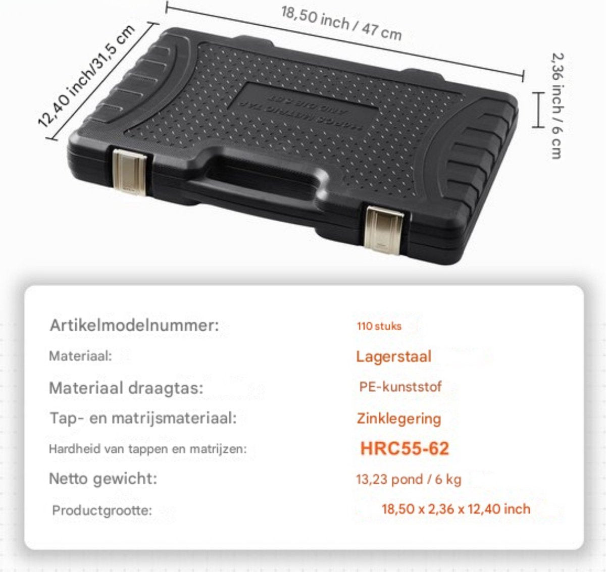 Draadtapset - 110 Delig - M2 tot M18 - Met Opslagkoffer - Voor Slijpen en Draadreparatie