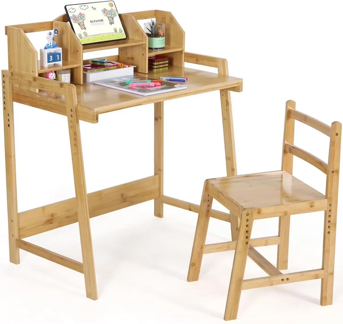 Kinderbureau met stoeltje - Kindertafel - Activiteiten tafel - Speeltafel Kinderbureau - In Hoogte Verstelbaar - Studeertafel voor Kinderen - Bamboe