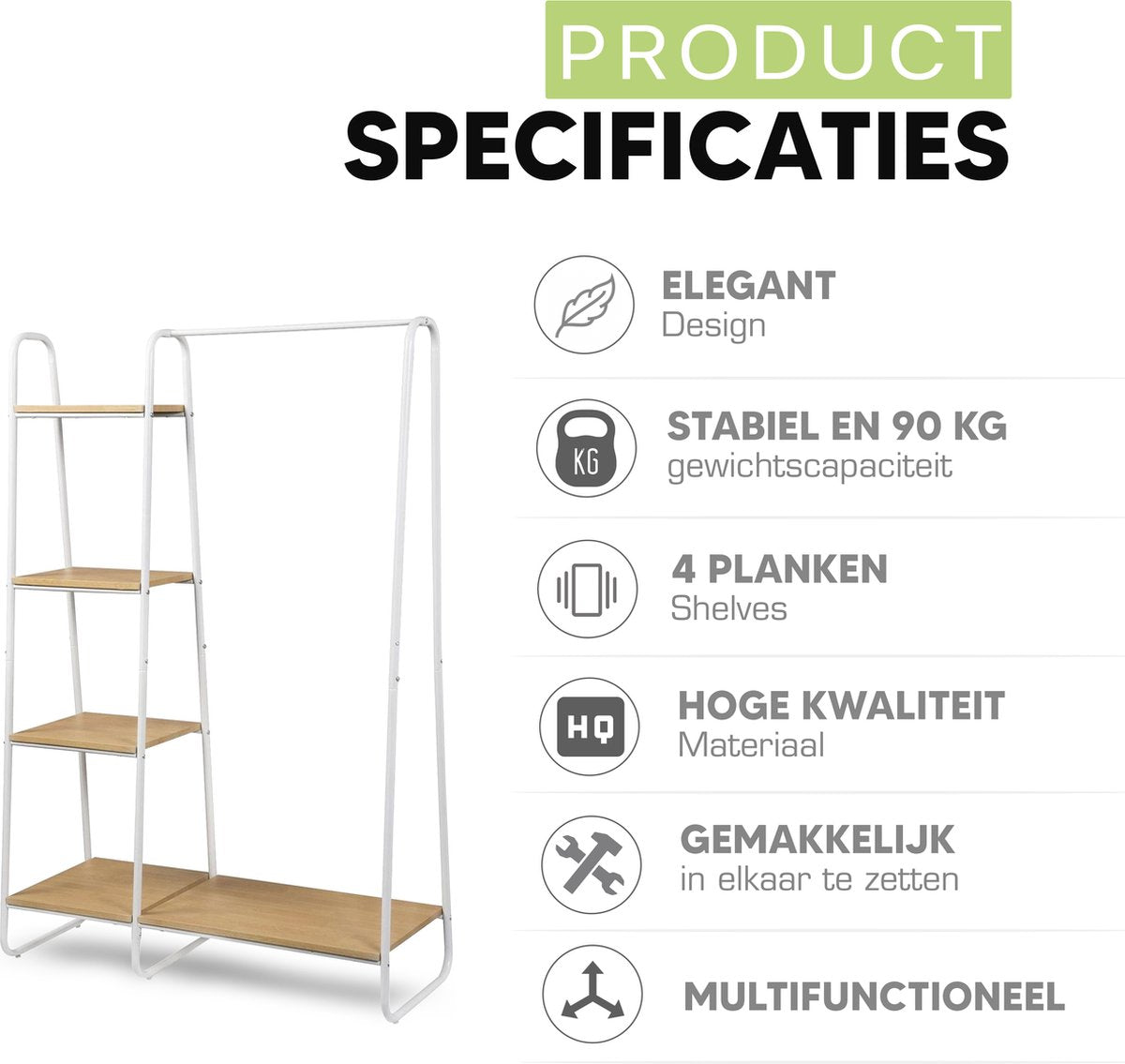 Luxiqo Kledingrek Met Schoenenrek | Inclusief 4 Opbergplanken | 102 x 40 x 150 CM | Wit metaal