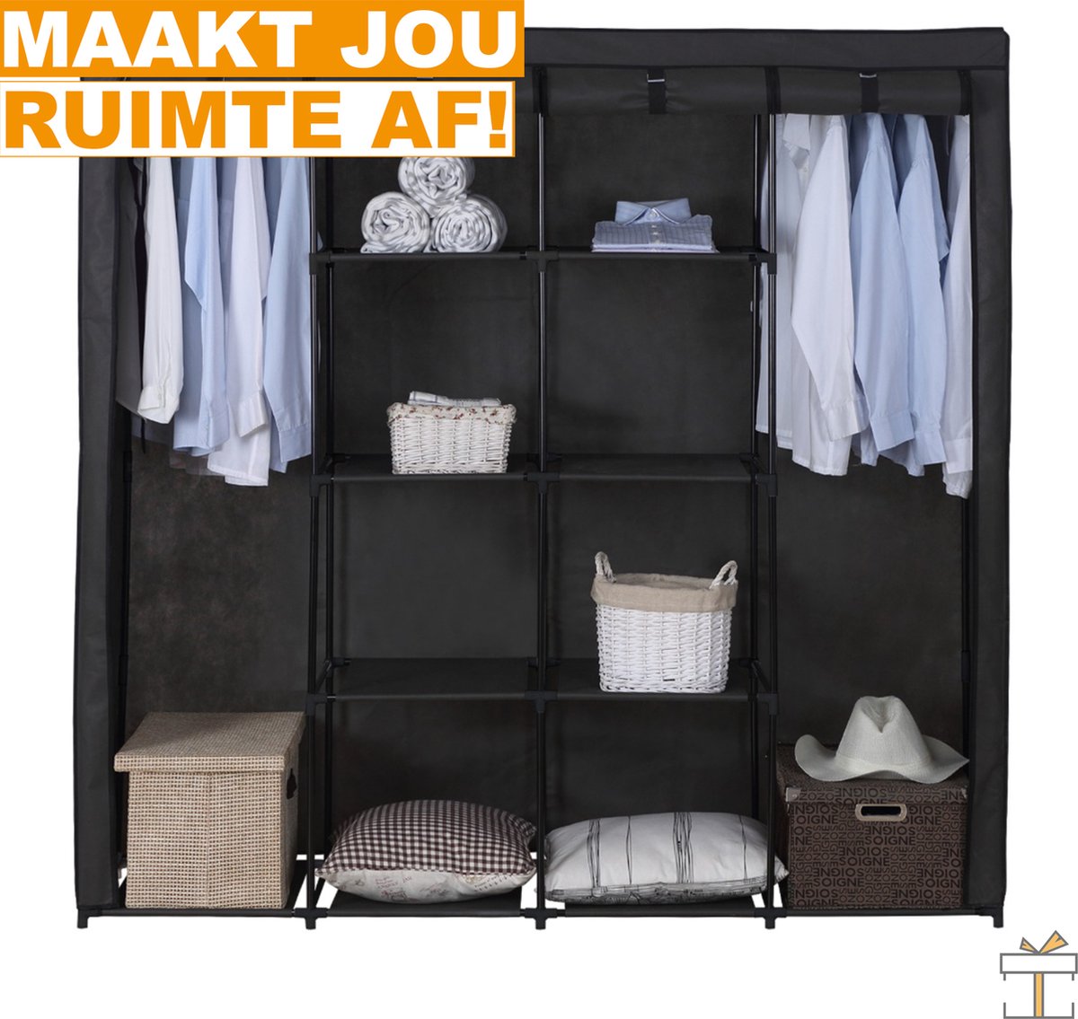 Happyment Opvouwbare Kledingkast Zuzu - Slaapkamer - Kledingrek - Garderobekast organizer - Grijs - 174X46X169cm
