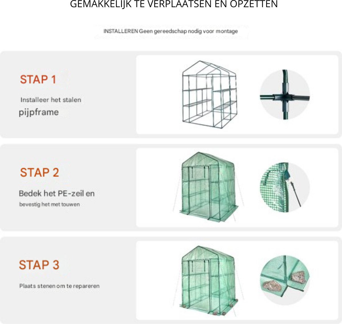 Groene Professionele Kas - Moestuin - Waterdicht - Met Schappen en Ramen - 215 cm Hoog