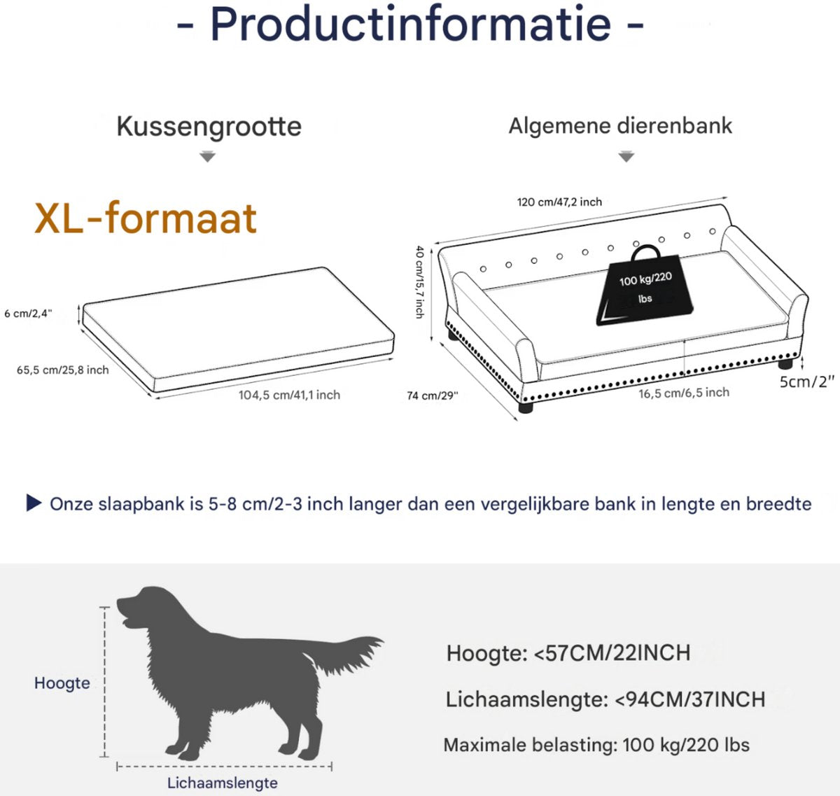 Hondenbank Princesso - 93cm - Hondenbed - Hondensofa op poten - Hondenzetel - Comfort en zacht - Afneembaar kussen - Zacht