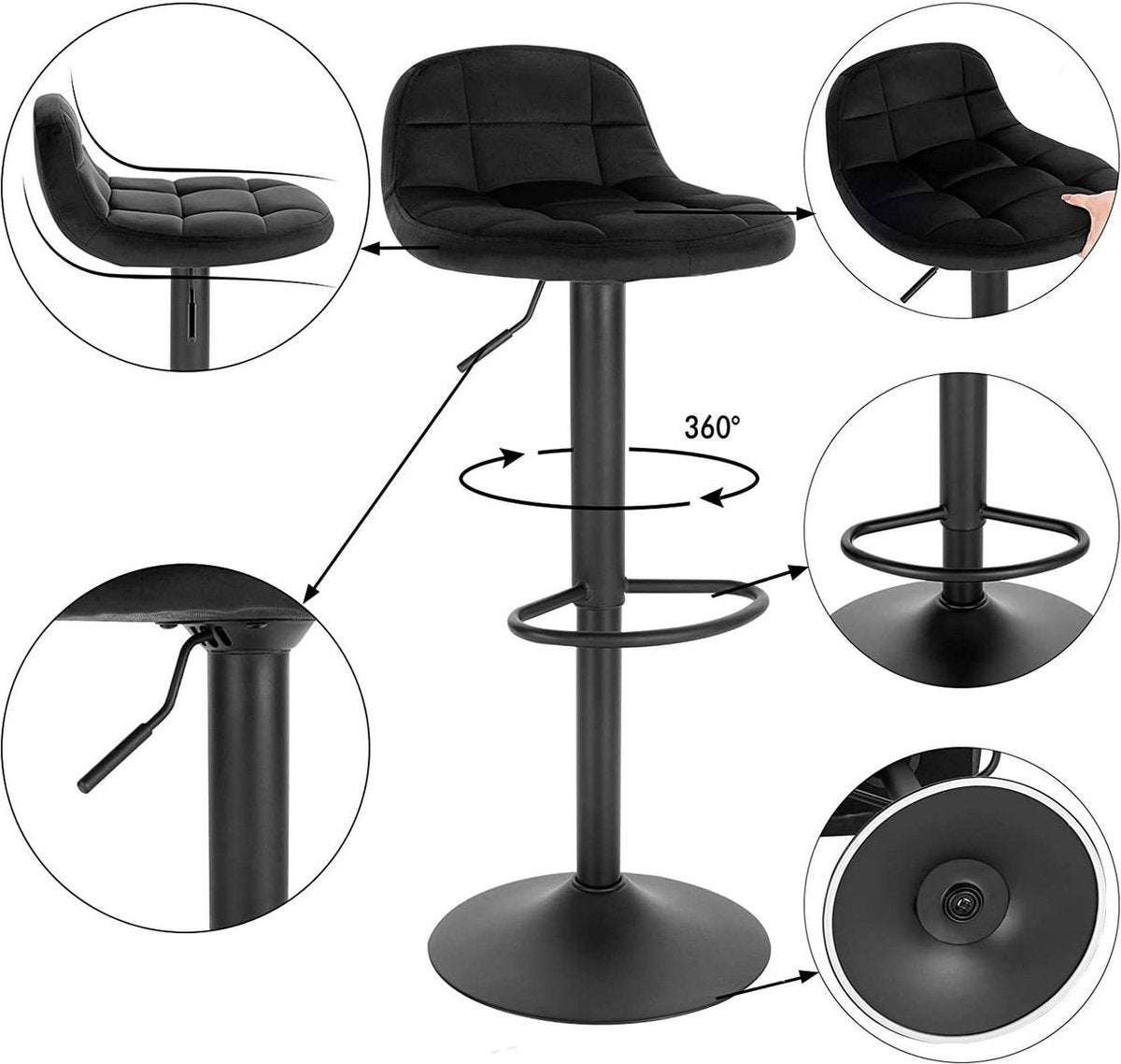 Luxe Barkurk Erino - Industrial - Zwart - Barkrukken set van 1 - Barstoel Kruk - Barstoelen met rugleuning - Keukenstoel - In hoogte verstelbaar - Velvet