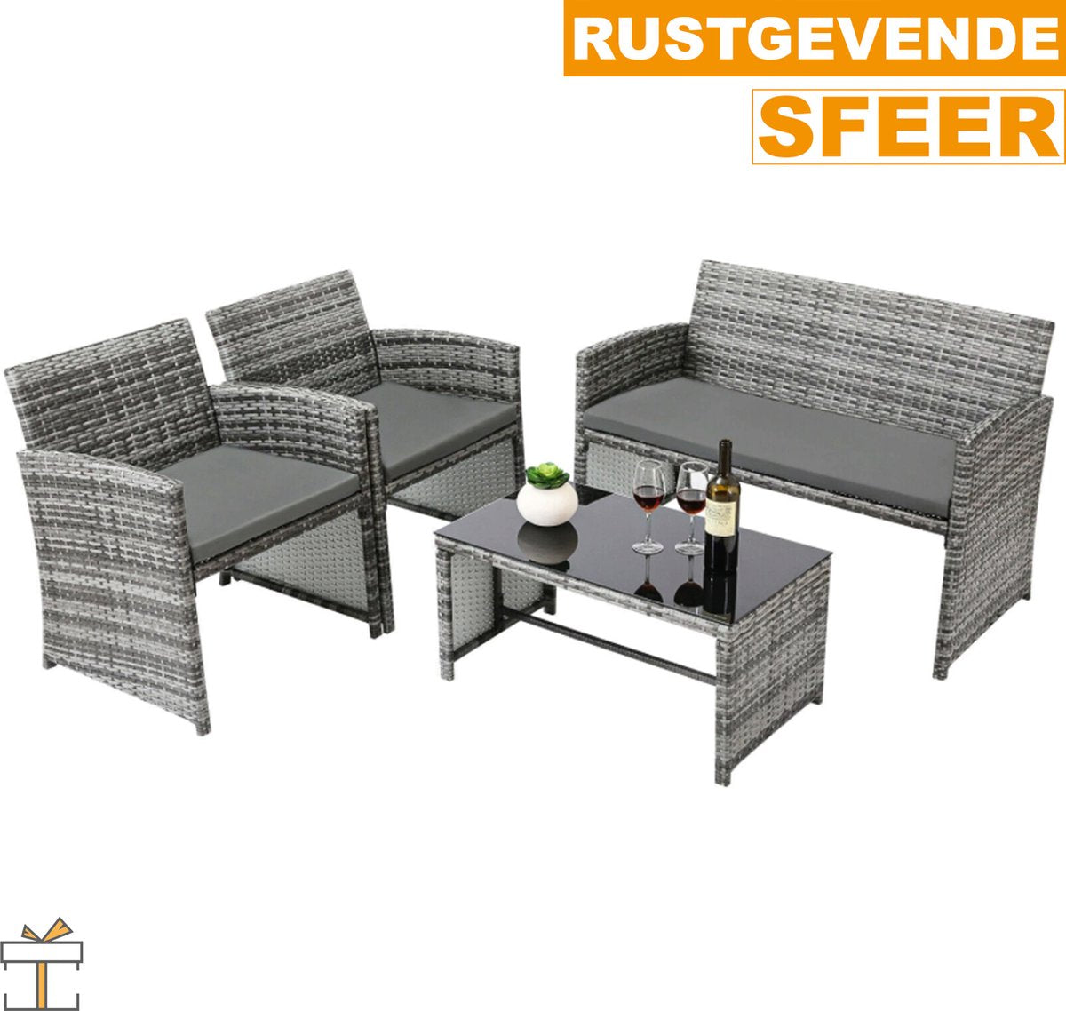 Happyment Tuinset 4 persoons - Wasbare kussens - Tuintafel met stoelen - Tuinsets - Loungeset tuinmeubels