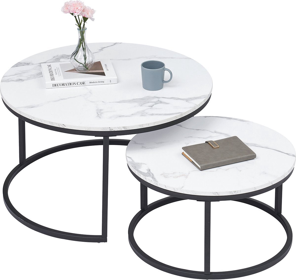 Luxe Salontafel - Wit - Marmerlook - Set van 2 - Rond - Zwart frame